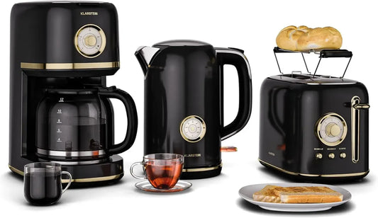 Ensemble Petit-Déjeuner Klarstein Victoria – Grille-Pain à 2 Fentes, Bouilloire 1,7L, Cafetière 12 Tasses, Design Vintage, Noir