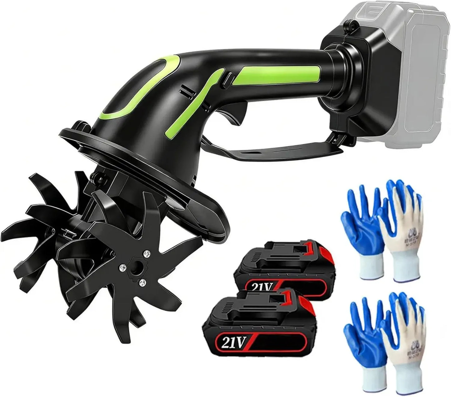 Motoculteur Électrique sans Fil 21V, 2 Batteries, Mini Rotavator pour Jardin avec 4 Lames, Profondeur 10cm, Désherbeur pour Pelouse et Parterres